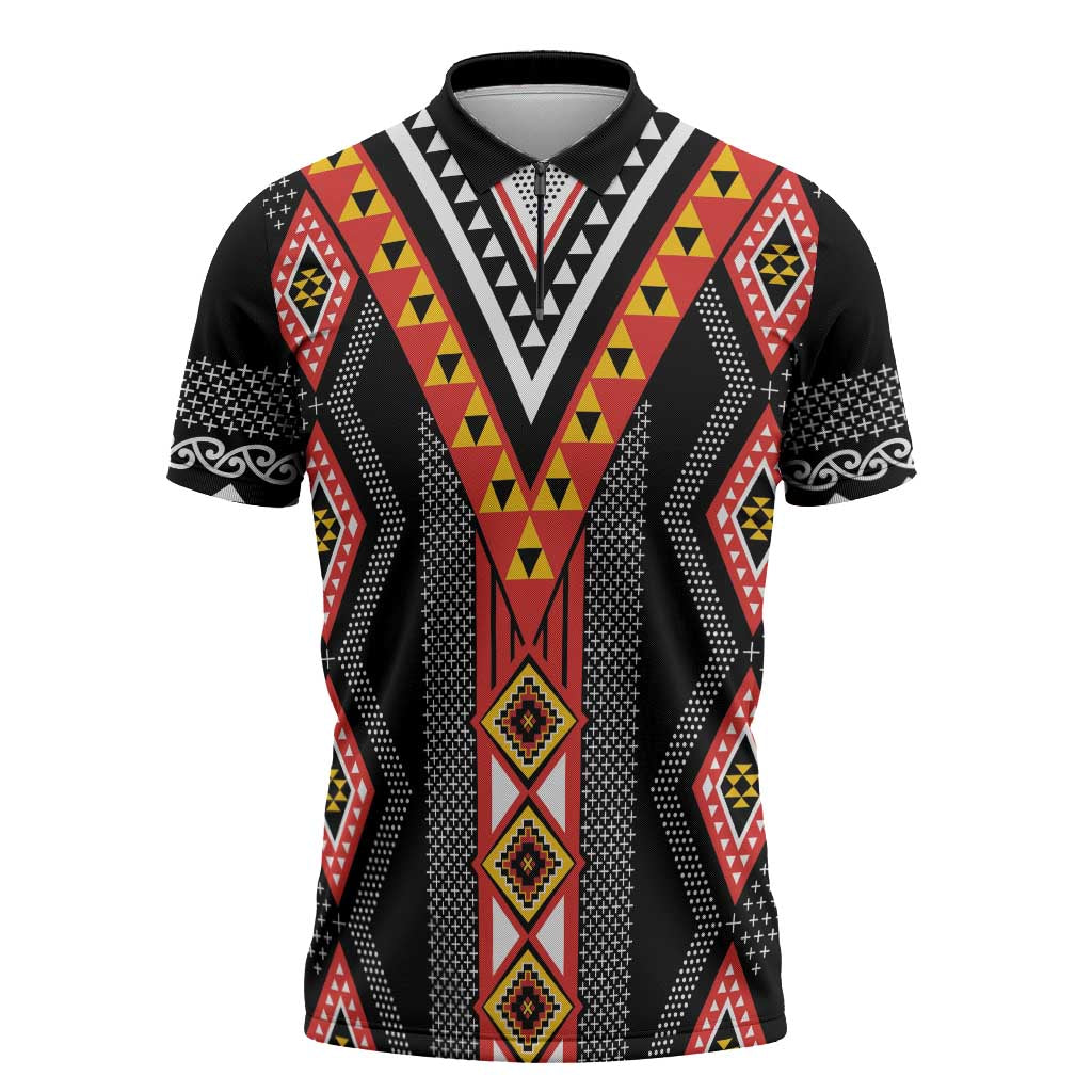 Niho Taniwha Taniko Motif Zipper Polo Shirt - Aussie Hoodie