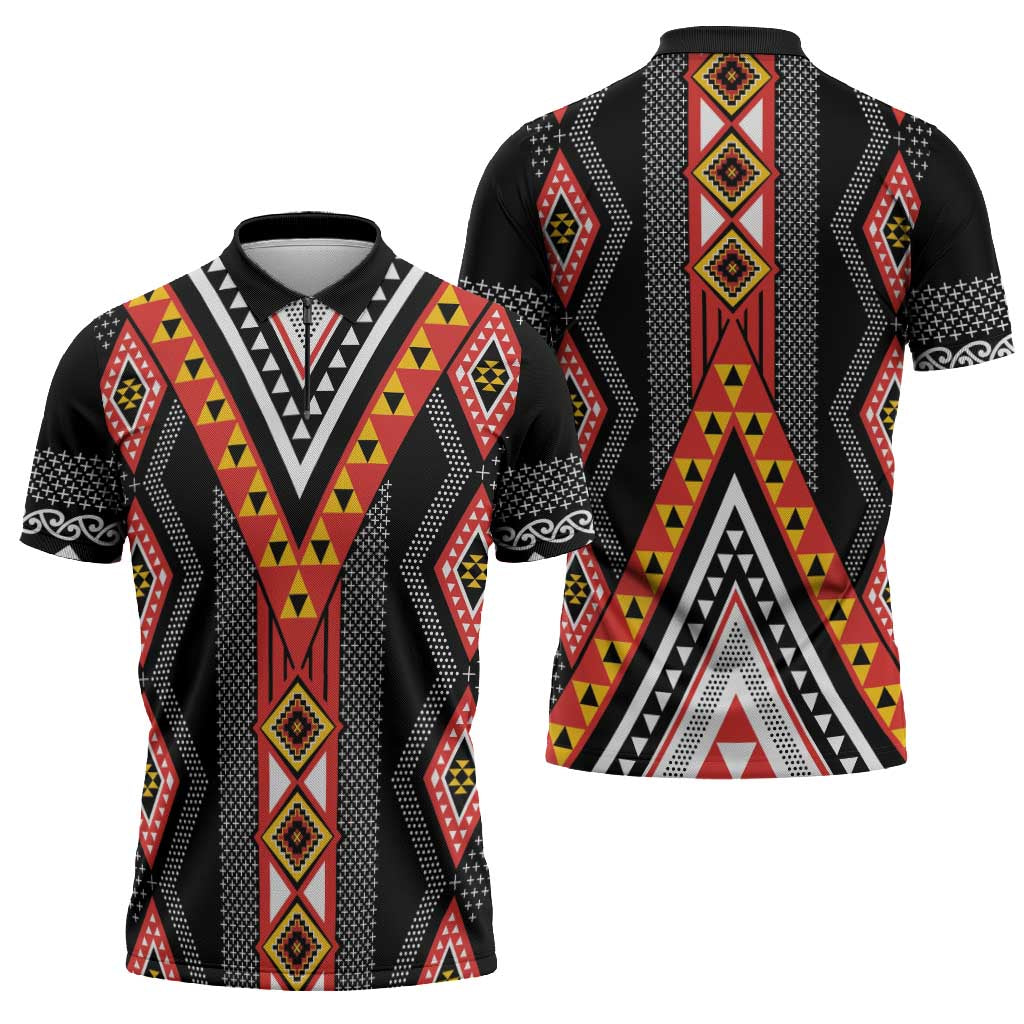 Niho Taniwha Taniko Motif Zipper Polo Shirt - Aussie Hoodie
