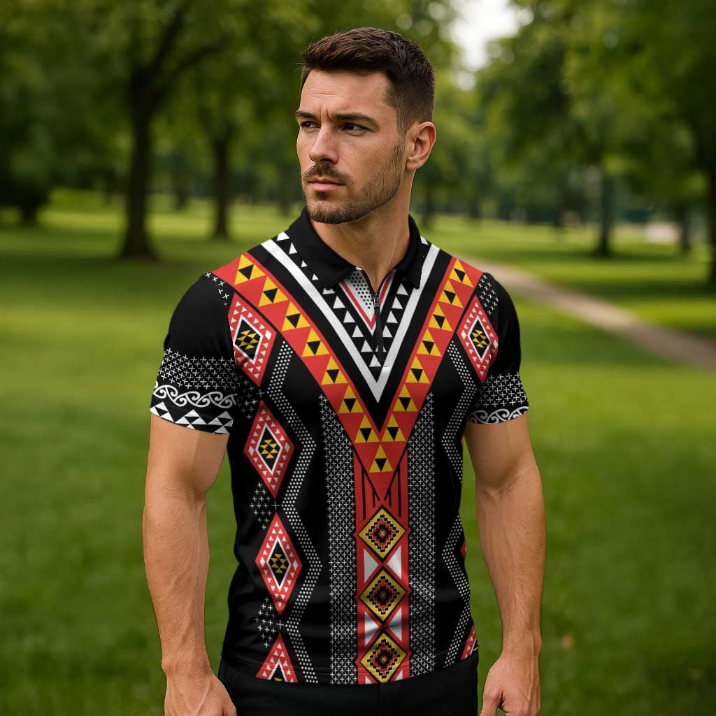 Niho Taniwha Taniko Motif Zipper Polo Shirt - Aussie Hoodie