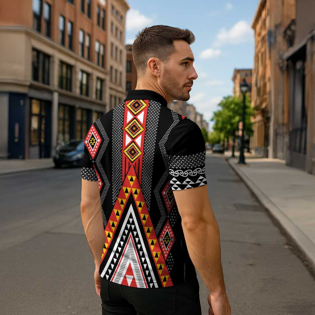 Niho Taniwha Taniko Motif Zipper Polo Shirt - Aussie Hoodie