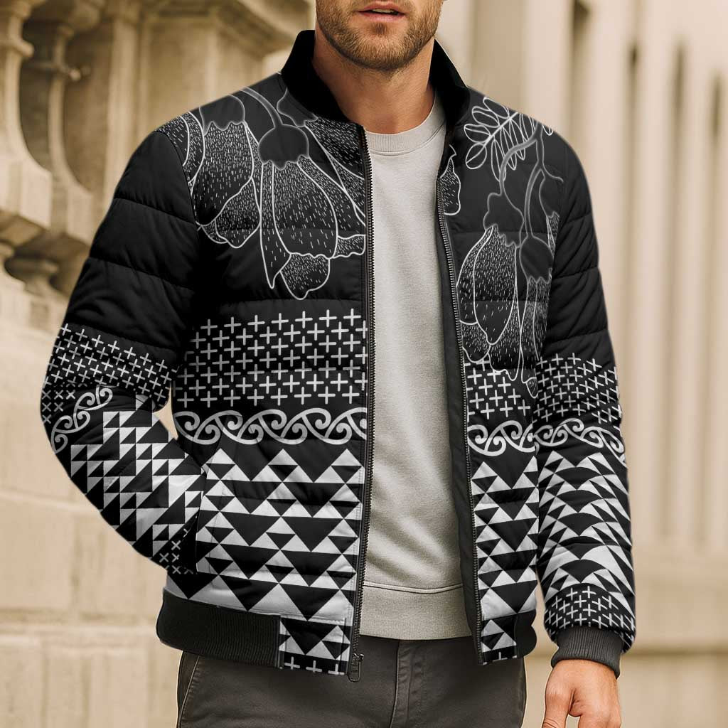 Black Taniko Kowhaiwhai Tukutuku Motif Bomber Puffer Jacket - Aussie Hoodie