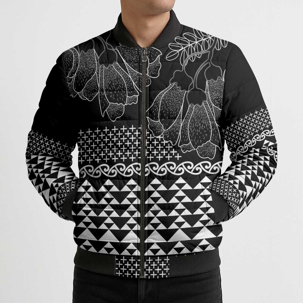 Black Taniko Kowhaiwhai Tukutuku Motif Bomber Puffer Jacket - Aussie Hoodie