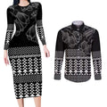 Black Taniko Kowhaiwhai Tukutuku Motif Couples Matching Long Sleeve Bodycon Dress and Long Sleeve Button Shirt