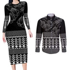 Black Taniko Kowhaiwhai Tukutuku Motif Couples Matching Long Sleeve Bodycon Dress and Long Sleeve Button Shirt