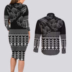 Black Taniko Kowhaiwhai Tukutuku Motif Couples Matching Long Sleeve Bodycon Dress and Long Sleeve Button Shirt