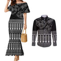 Black Taniko Kowhaiwhai Tukutuku Motif Couples Matching Mermaid Dress and Long Sleeve Button Shirt