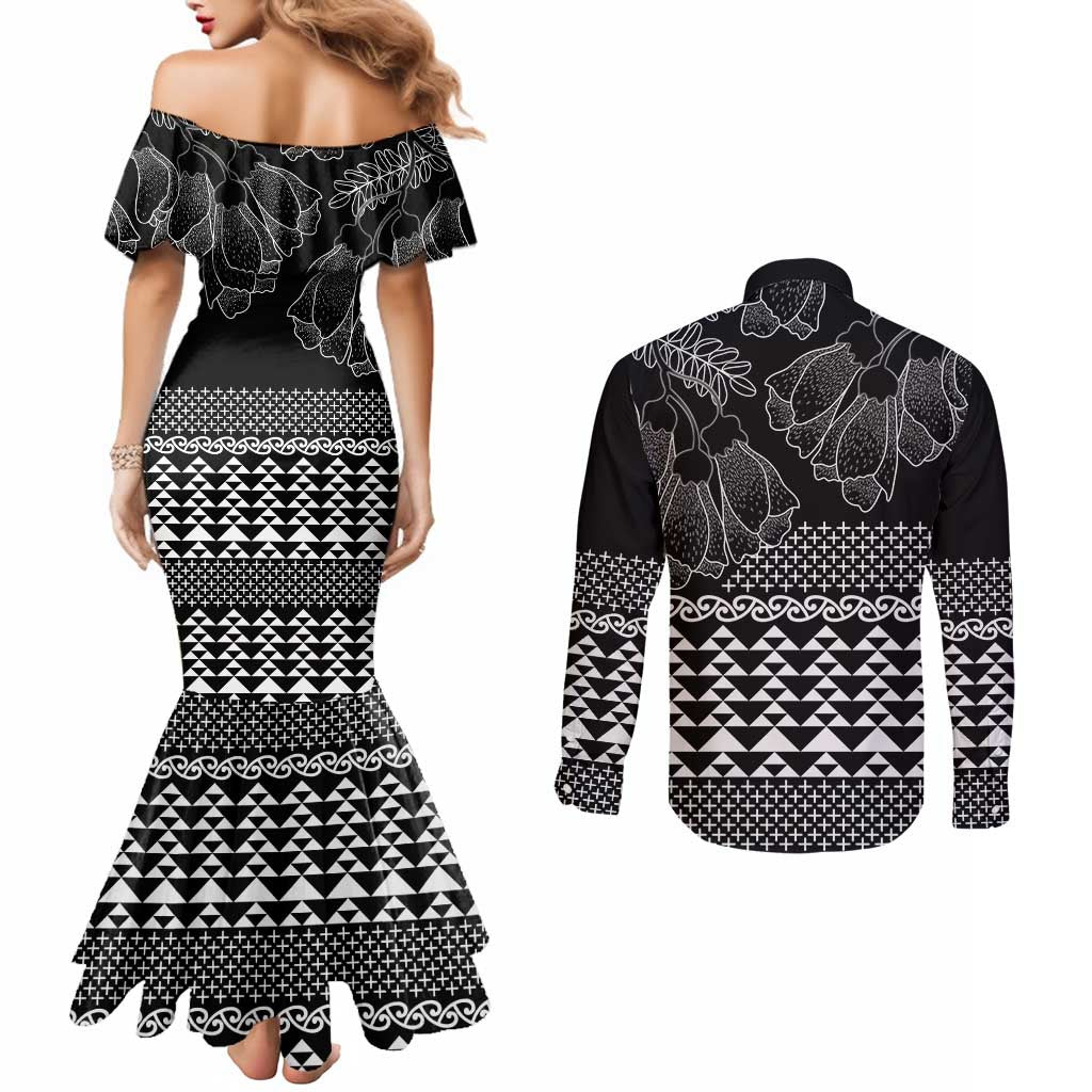 Black Taniko Kowhaiwhai Tukutuku Motif Couples Matching Mermaid Dress and Long Sleeve Button Shirt