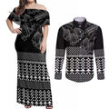 Black Taniko Kowhaiwhai Tukutuku Motif Couples Matching Off Shoulder Maxi Dress and Long Sleeve Button Shirt