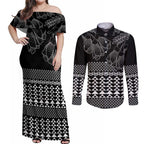 Black Taniko Kowhaiwhai Tukutuku Motif Couples Matching Off Shoulder Maxi Dress and Long Sleeve Button Shirt