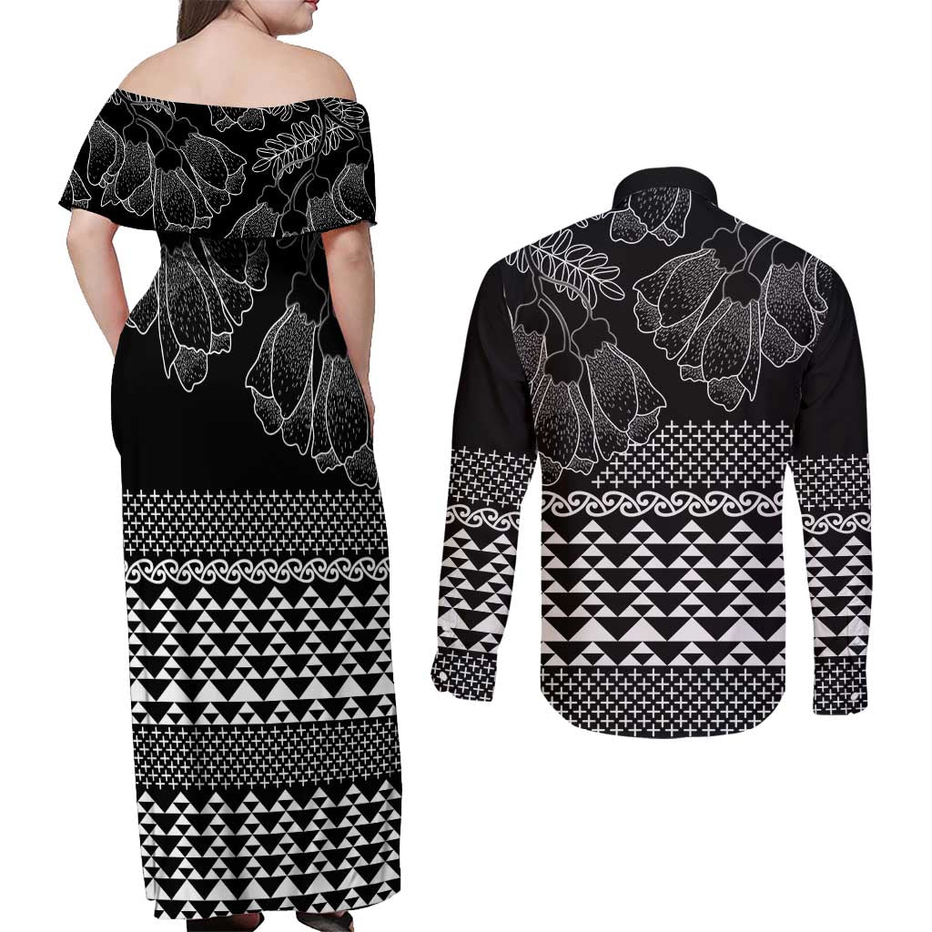 Black Taniko Kowhaiwhai Tukutuku Motif Couples Matching Off Shoulder Maxi Dress and Long Sleeve Button Shirt