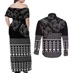 Black Taniko Kowhaiwhai Tukutuku Motif Couples Matching Off Shoulder Maxi Dress and Long Sleeve Button Shirt