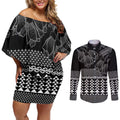 Black Taniko Kowhaiwhai Tukutuku Motif Couples Matching Off Shoulder Short Dress and Long Sleeve Button Shirt