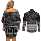 Black Taniko Kowhaiwhai Tukutuku Motif Couples Matching Off Shoulder Short Dress and Long Sleeve Button Shirt
