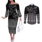 Black Taniko Kowhaiwhai Tukutuku Motif Couples Matching Off The Shoulder Long Sleeve Dress and Long Sleeve Button Shirt