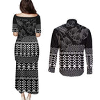 Black Taniko Kowhaiwhai Tukutuku Motif Couples Matching Puletasi and Long Sleeve Button Shirt