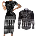 Black Taniko Kowhaiwhai Tukutuku Motif Couples Matching Short Sleeve Bodycon Dress and Long Sleeve Button Shirt