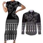 Black Taniko Kowhaiwhai Tukutuku Motif Couples Matching Short Sleeve Bodycon Dress and Long Sleeve Button Shirt
