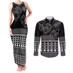 Black Taniko Kowhaiwhai Tukutuku Motif Couples Matching Tank Maxi Dress and Long Sleeve Button Shirt