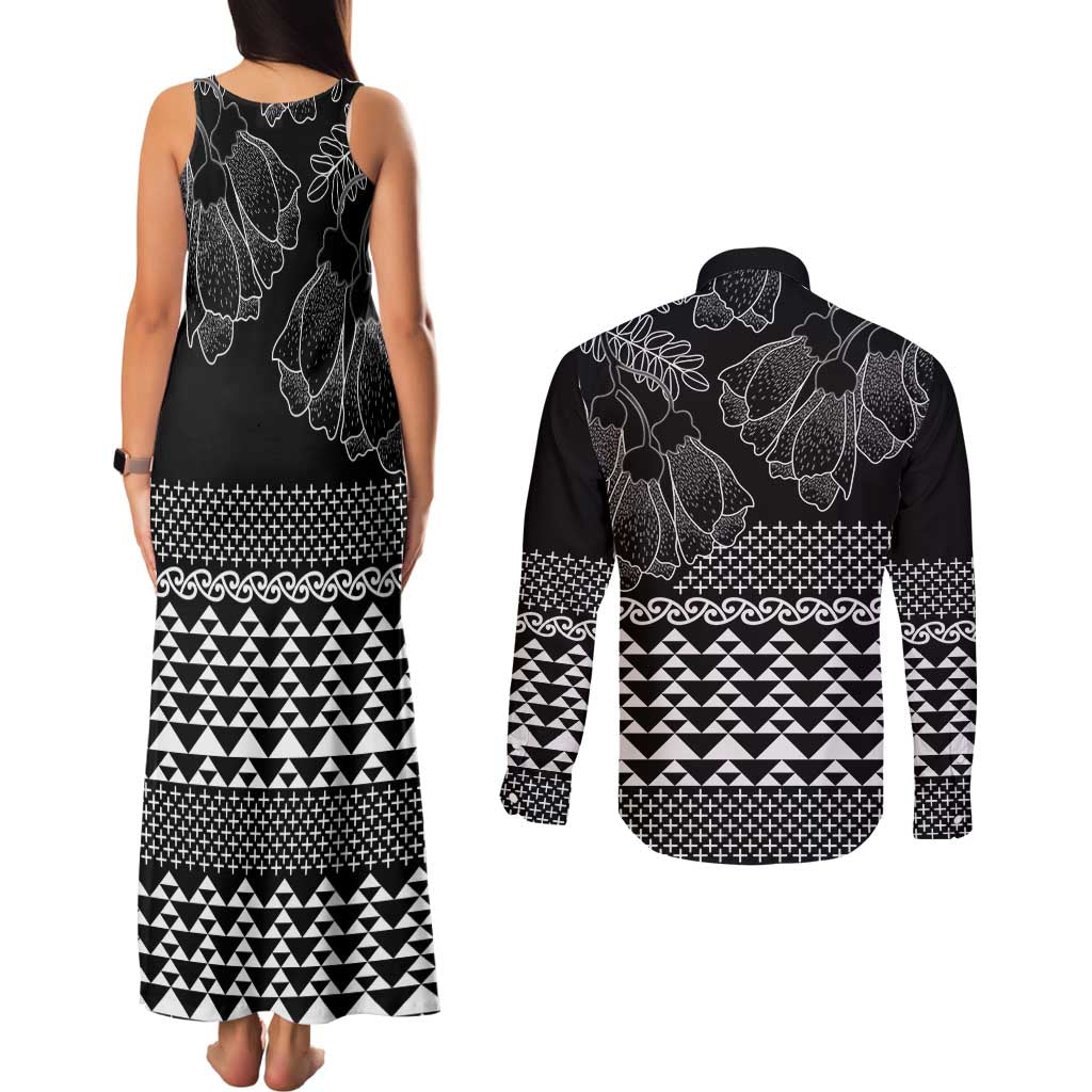Black Taniko Kowhaiwhai Tukutuku Motif Couples Matching Tank Maxi Dress and Long Sleeve Button Shirt
