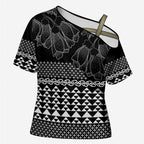 Black Taniko Kowhaiwhai Tukutuku Motif Cross Shoulder Shirt - Aussie Hoodie