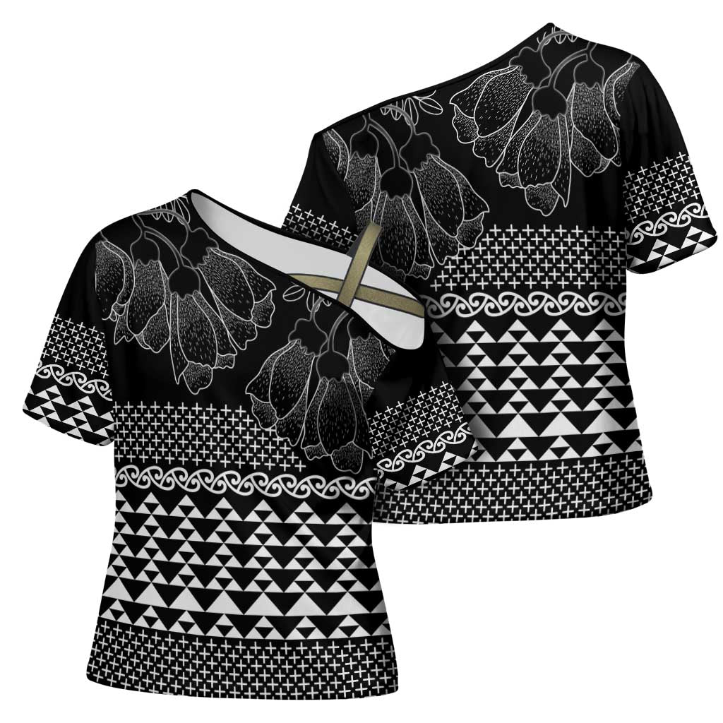 Black Taniko Kowhaiwhai Tukutuku Motif Cross Shoulder Shirt - Aussie Hoodie