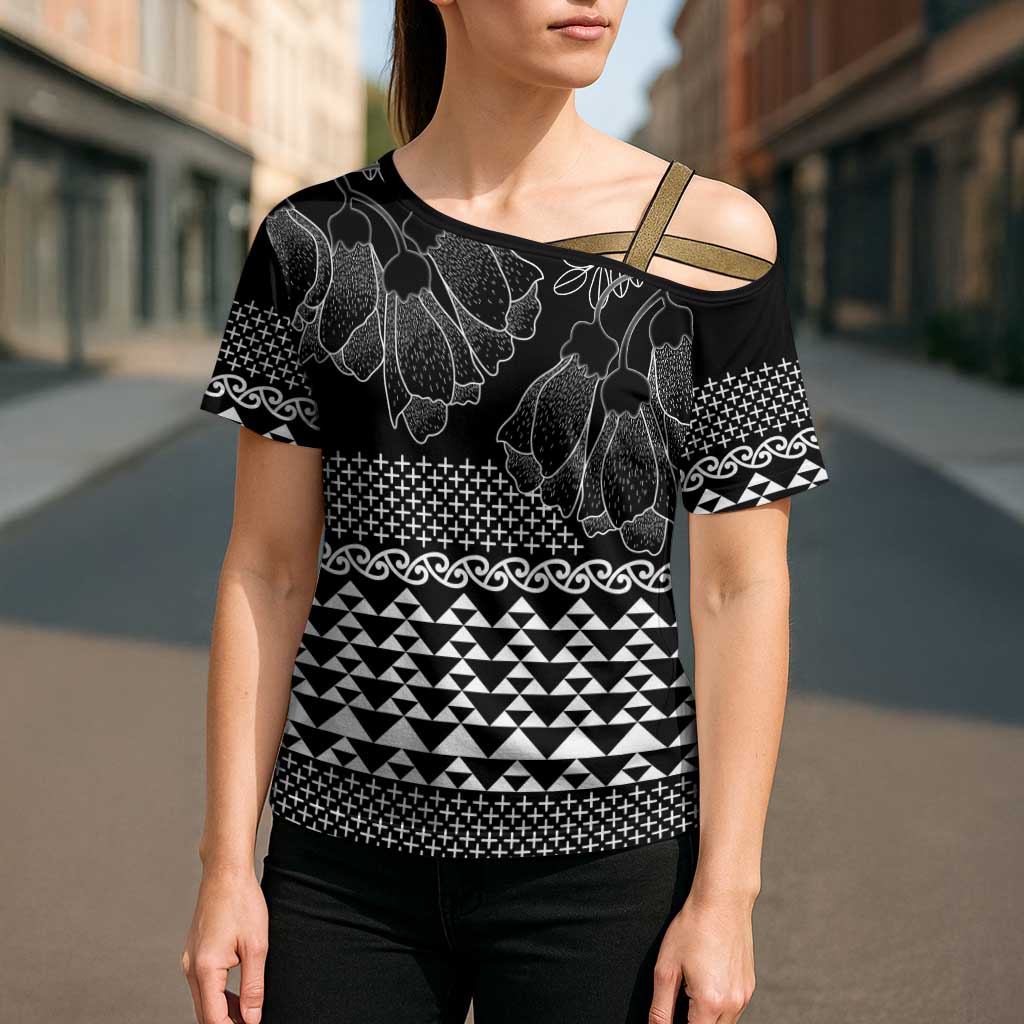 Black Taniko Kowhaiwhai Tukutuku Motif Cross Shoulder Shirt - Aussie Hoodie