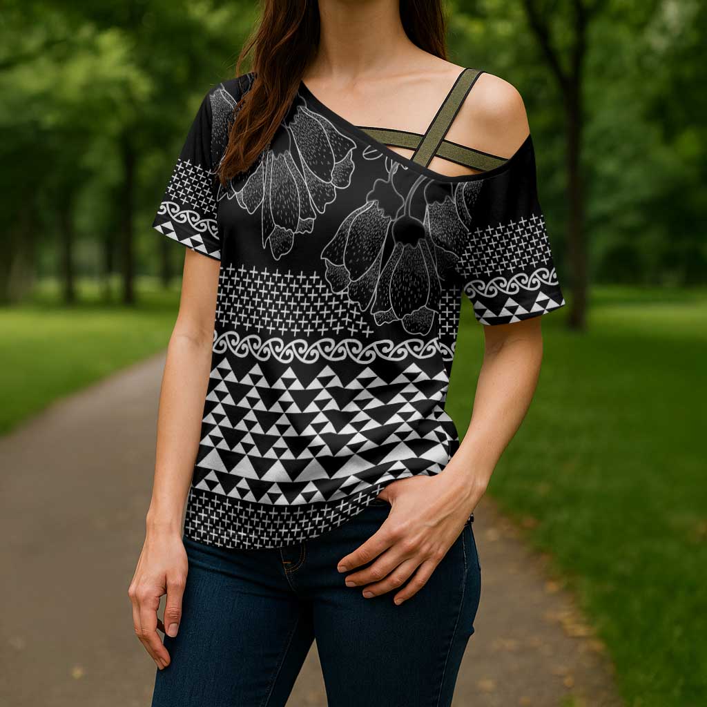 Black Taniko Kowhaiwhai Tukutuku Motif Cross Shoulder Shirt - Aussie Hoodie
