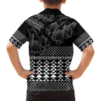 Black Taniko Kowhaiwhai Tukutuku Motif Family Matching Puletasi and Hawaiian Shirt