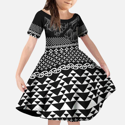 Black Taniko Kowhaiwhai Tukutuku Motif Family Matching Summer Maxi Dress and Hawaiian Shirt
