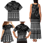 Black Taniko Kowhaiwhai Tukutuku Motif Family Matching Tank Maxi Dress and Hawaiian Shirt