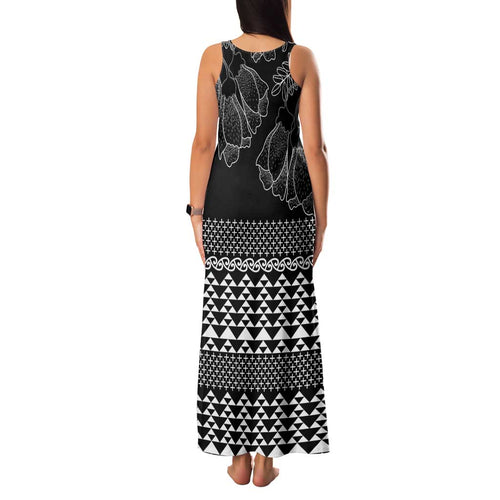 Black Taniko Kowhaiwhai Tukutuku Motif Family Matching Tank Maxi Dress and Hawaiian Shirt