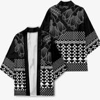 Black Taniko Kowhaiwhai Tukutuku Motif Kimono - Aussie Hoodie