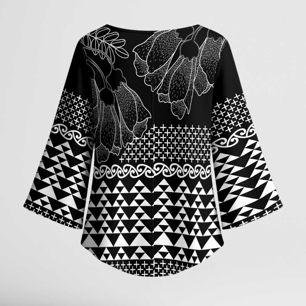 Black Taniko Kowhaiwhai Tukutuku Motif Kimono Sleeve Blouse - Aussie Hoodie
