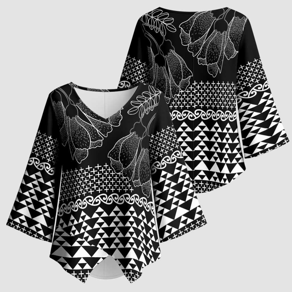 Black Taniko Kowhaiwhai Tukutuku Motif Kimono Sleeve Blouse - Aussie Hoodie