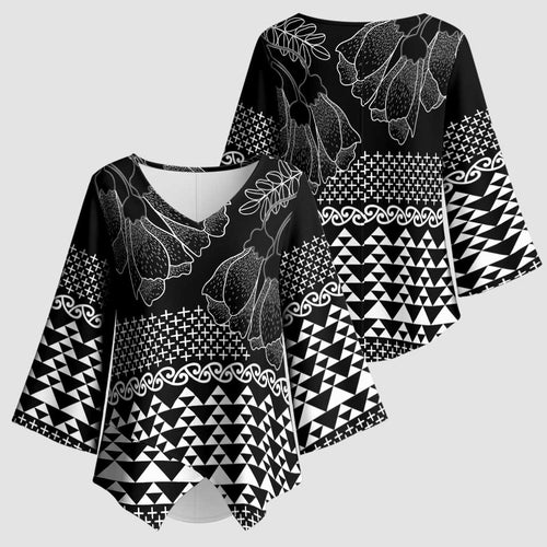 Black Taniko Kowhaiwhai Tukutuku Motif Kimono Sleeve Blouse - Aussie Hoodie