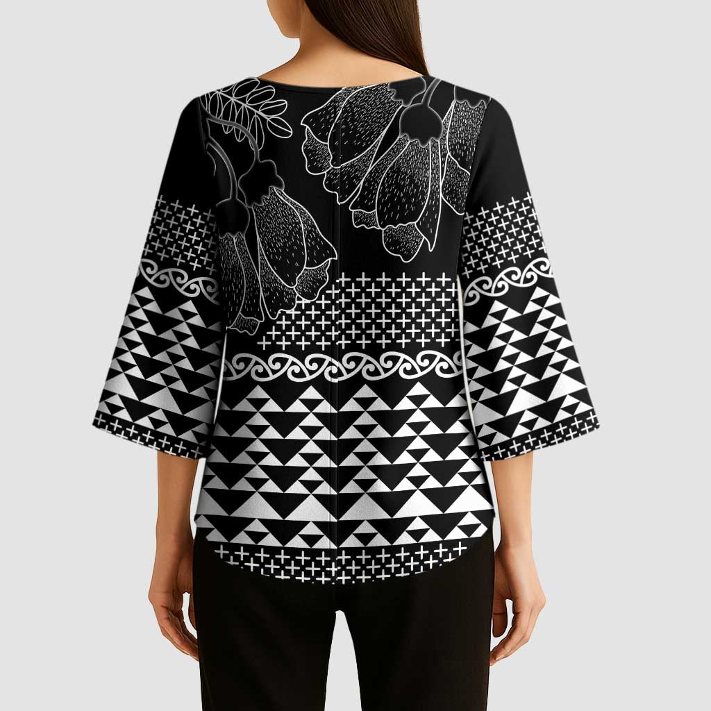 Black Taniko Kowhaiwhai Tukutuku Motif Kimono Sleeve Blouse - Aussie Hoodie