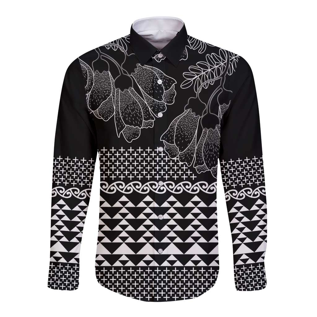 Black Taniko Kowhaiwhai Tukutuku Motif Long Sleeve Button Shirt