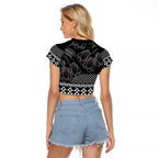Black Taniko Kowhaiwhai Tukutuku Motif Raglan Cropped T Shirt