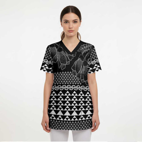 Black Taniko Kowhaiwhai Tukutuku Motif Scrub Top - Aussie Hoodie