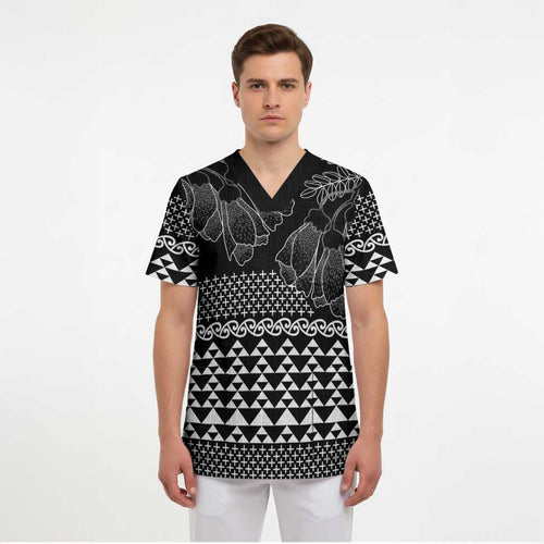 Black Taniko Kowhaiwhai Tukutuku Motif Scrub Top - Aussie Hoodie