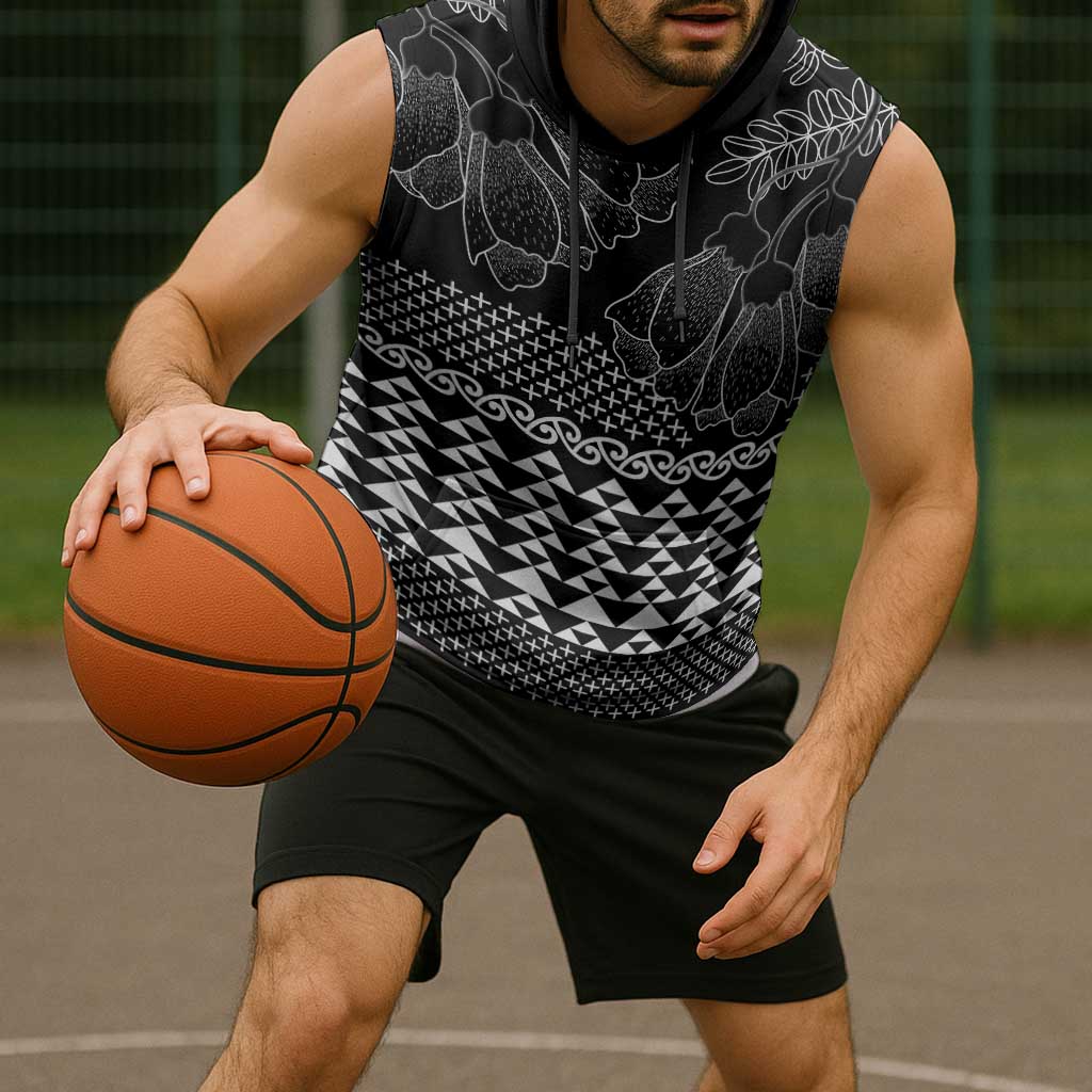 Black Taniko Kowhaiwhai Tukutuku Motif Sleeveless Hoodie - Aussie Hoodie