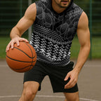 Black Taniko Kowhaiwhai Tukutuku Motif Sleeveless Hoodie - Aussie Hoodie