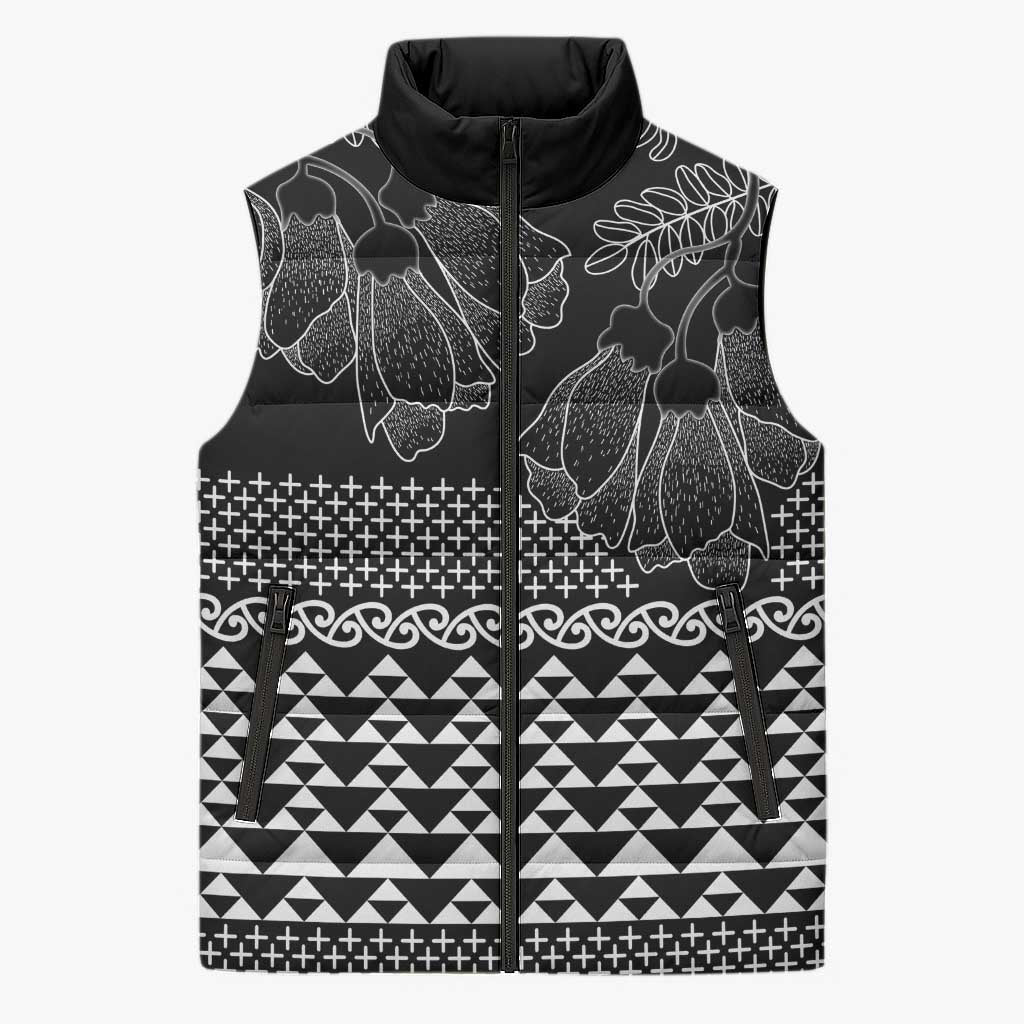 Black Taniko Kowhaiwhai Tukutuku Motif Sleeveless Puffer Jacket - Aussie Hoodie