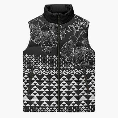 Black Taniko Kowhaiwhai Tukutuku Motif Sleeveless Puffer Jacket - Aussie Hoodie