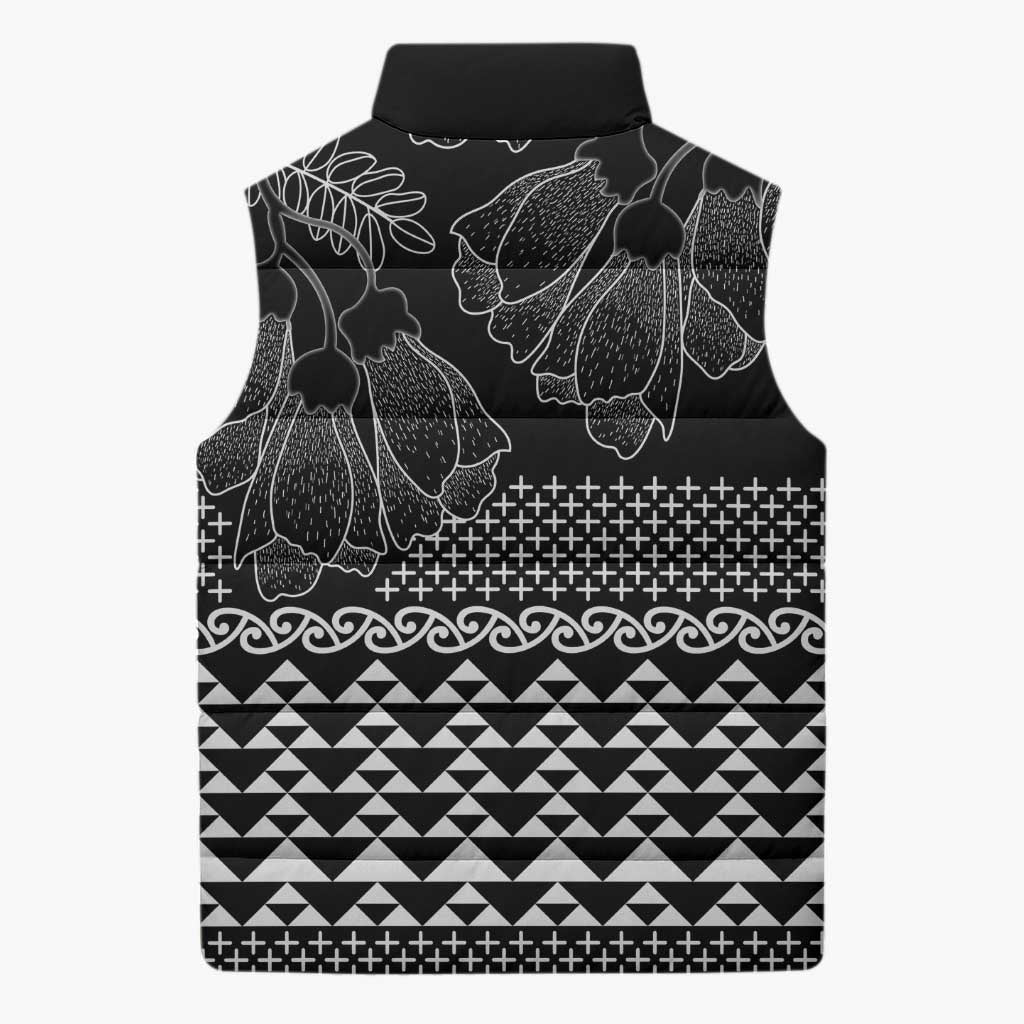 Black Taniko Kowhaiwhai Tukutuku Motif Sleeveless Puffer Jacket - Aussie Hoodie