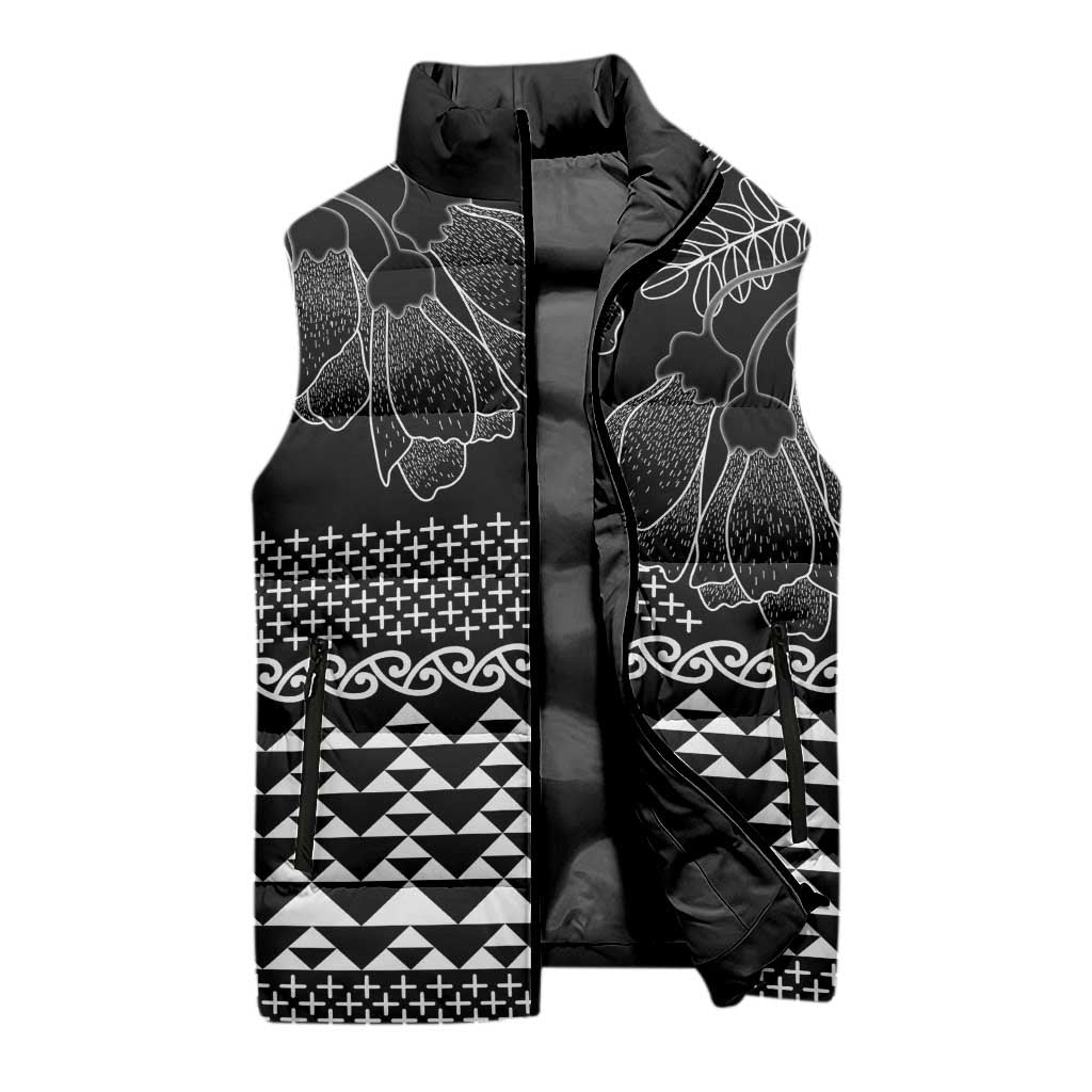 Black Taniko Kowhaiwhai Tukutuku Motif Sleeveless Puffer Jacket - Aussie Hoodie