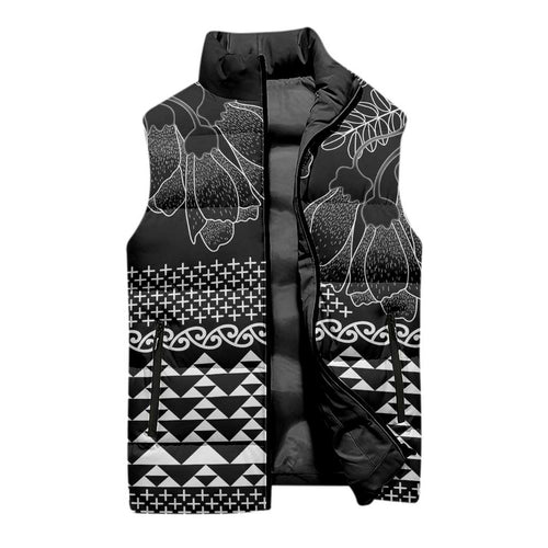 Black Taniko Kowhaiwhai Tukutuku Motif Sleeveless Puffer Jacket - Aussie Hoodie