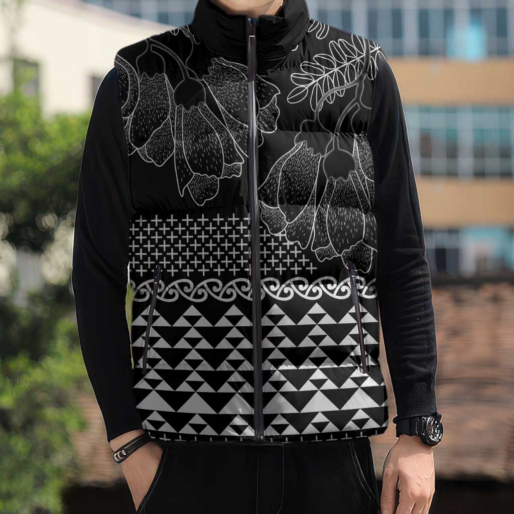 Black Taniko Kowhaiwhai Tukutuku Motif Sleeveless Puffer Jacket - Aussie Hoodie