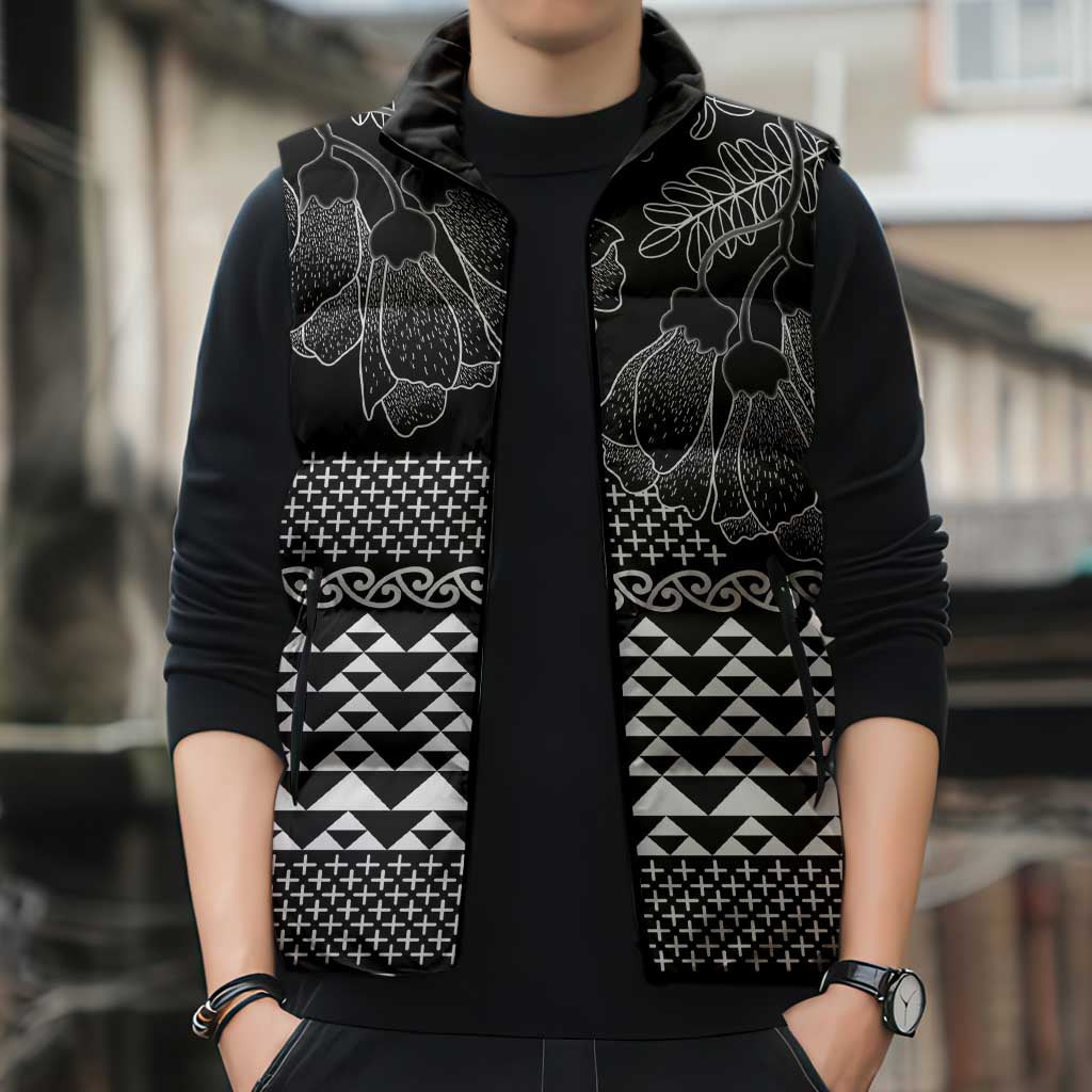 Black Taniko Kowhaiwhai Tukutuku Motif Sleeveless Puffer Jacket - Aussie Hoodie