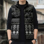 Black Taniko Kowhaiwhai Tukutuku Motif Sleeveless Puffer Jacket - Aussie Hoodie